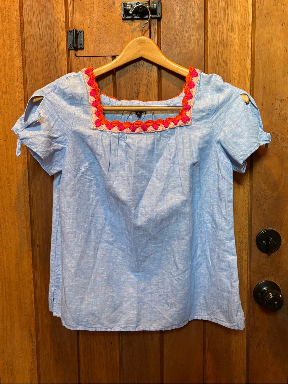Talbots Light Blue Short Sleeve Top with Pink-Red Embroidered Trim
